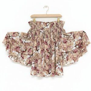 AKAIV*FLORAL SMOCKED OFF-THE-SHOULDER BLOUSE W/DOUBLE-TIER TRUMPET SLEEVE*SIZE:S